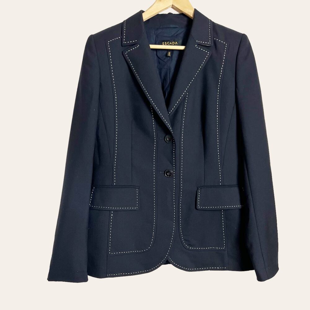 ESCADA Navy White Contrast Stitched Virgin Wool Classic Blazer Jacket Size M